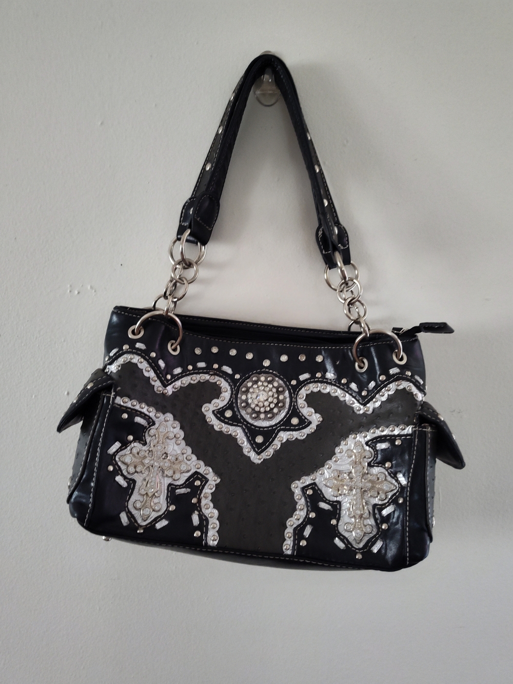 Western Cowgirl Black Embellished Women’s Shoulder Bag with Crystal Accents